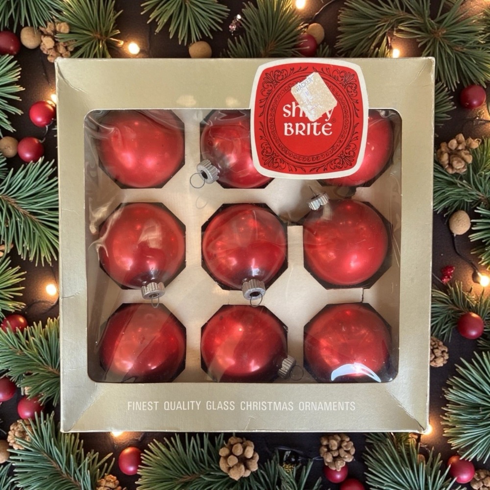 Vintage Shiny Brite Set Of 9 Glass Ornaments Red 2 1/4" In Original Box